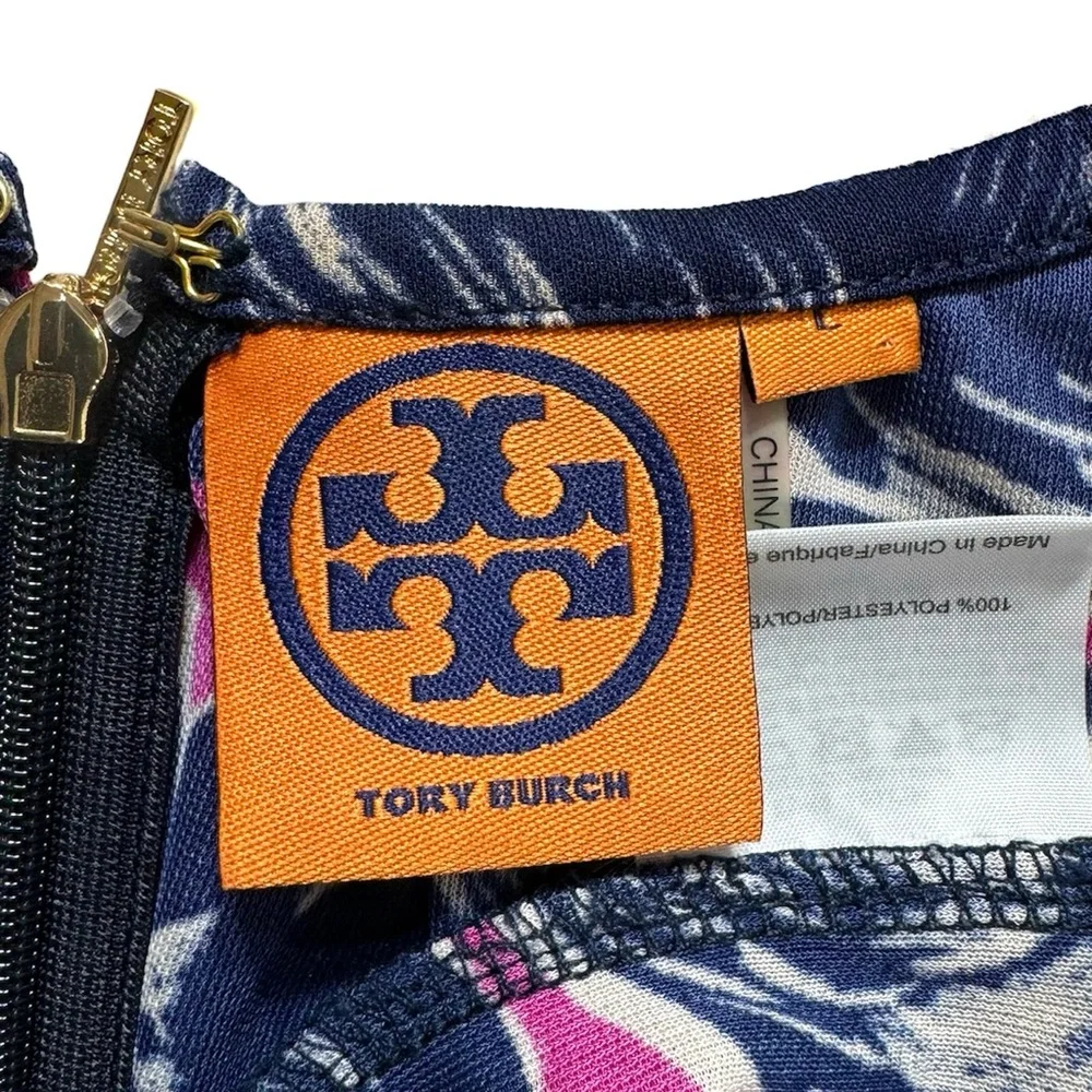 SOLD-Tory Burch Floral Print Belted Blue Pink Knee Length Sleeveless Dress - Picture 8 of 10